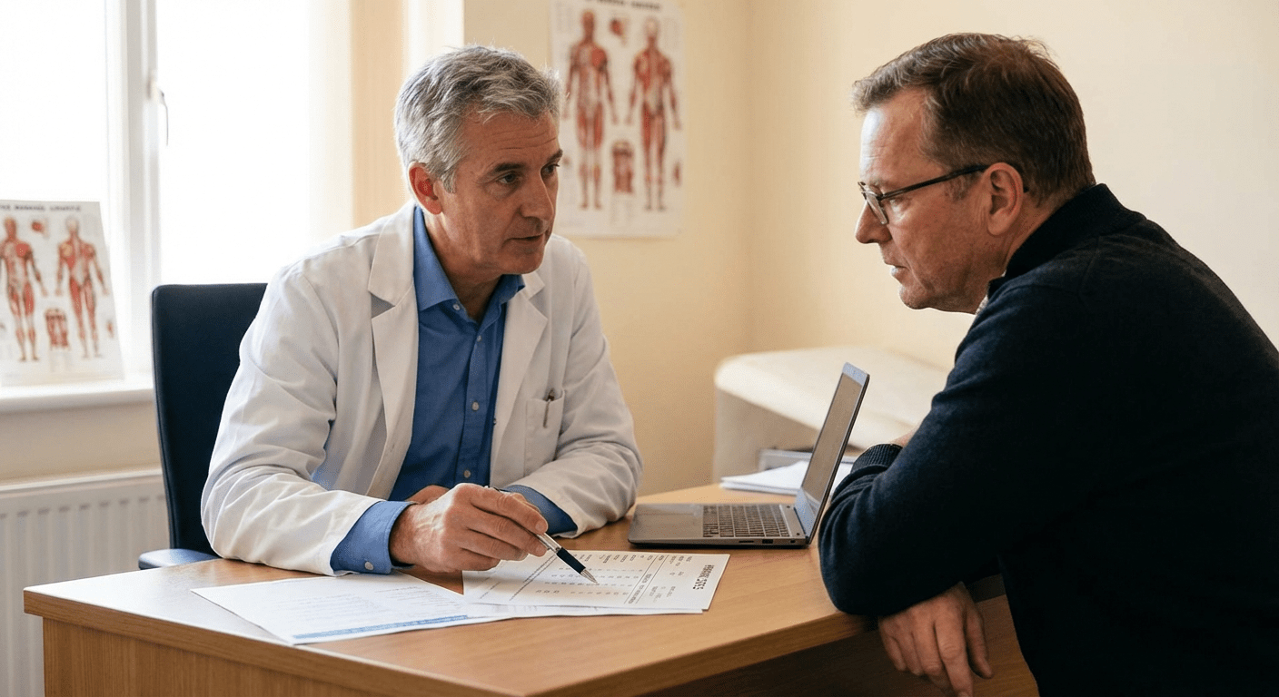 A physician discusses estrogen blockers with a patient at Lite Medical's Edina clinic, focusing on managing estradiol levels during testosterone replacement therapy.