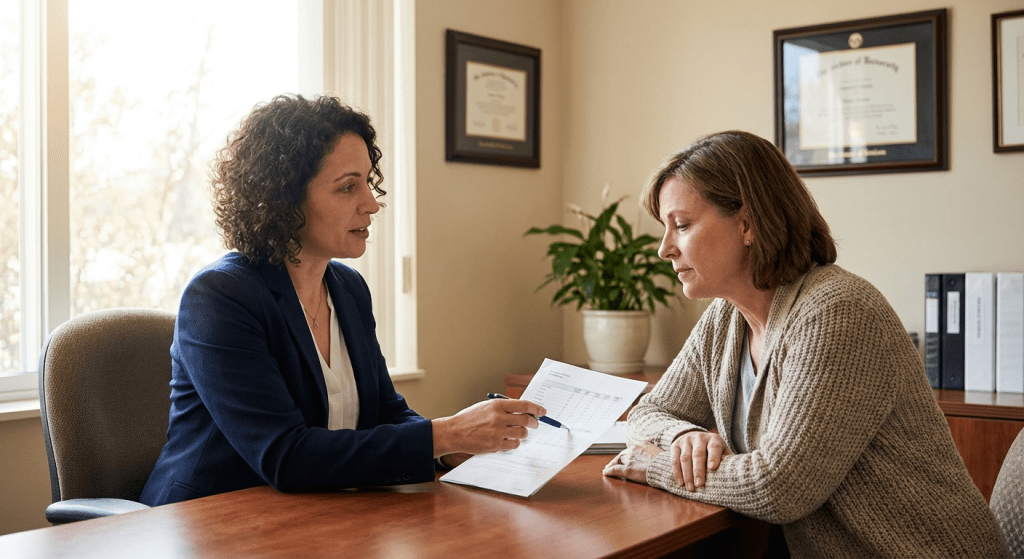 A physician-led consultation at Lite Medical's Edina clinic, discussing estrogen therapy for cognitive health with a patient in her 50s.
