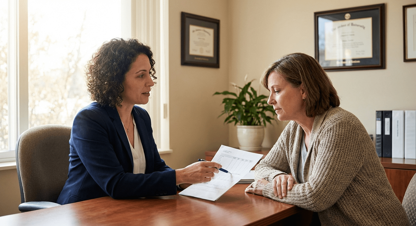 A physician-led consultation at Lite Medical's Edina clinic, discussing estrogen therapy for cognitive health with a patient in her 50s.