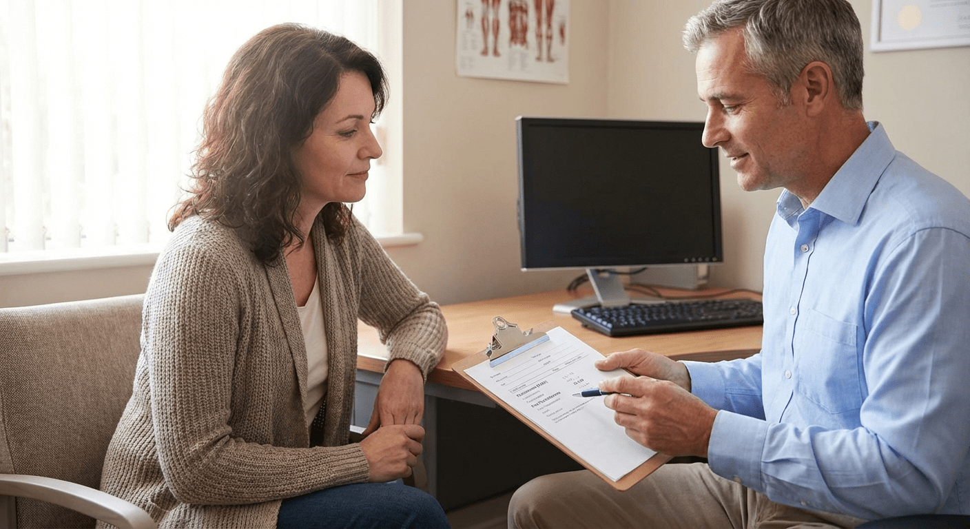 Female Testosterone Consultation at Rochester Clinic — Lite Medical A female patient consulting with a doctor about testosterone therapy at Lite Medical's Rochester clinic.