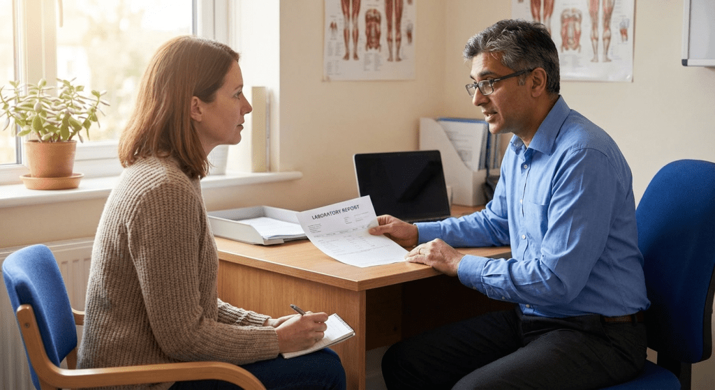 A physician discusses female testosterone therapy with a patient at Lite Medical's Plymouth clinic, focusing on fertility and pregnancy considerations in a physician-led setting.