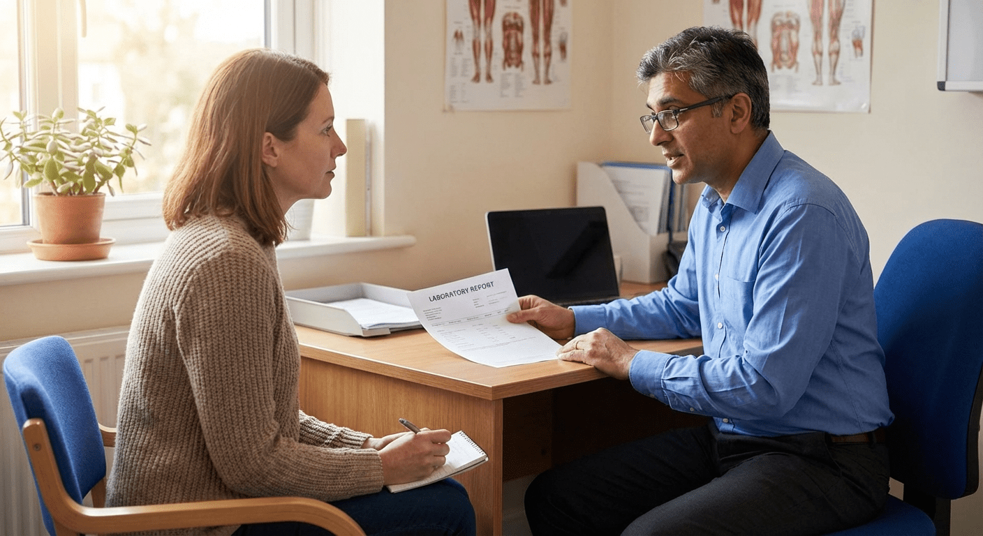 A physician discusses female testosterone therapy with a patient at Lite Medical's Plymouth clinic, focusing on fertility and pregnancy considerations in a physician-led setting.