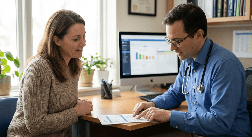 A physician reviews lab test results with a female patient at Lite Medical's Maple Grove clinic, providing physician-led care for female testosterone therapy evaluation.