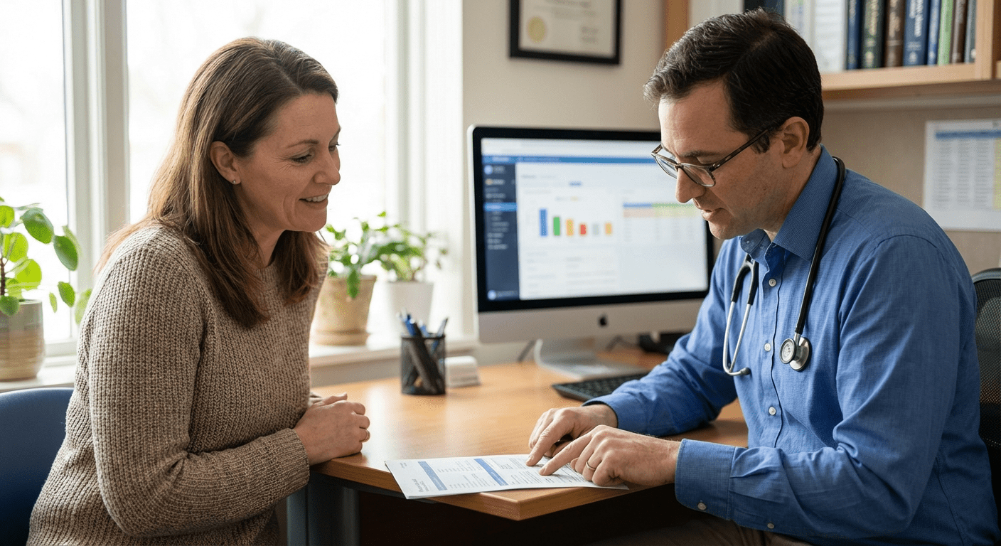 A physician reviews lab test results with a female patient at Lite Medical's Maple Grove clinic, providing physician-led care for female testosterone therapy evaluation.