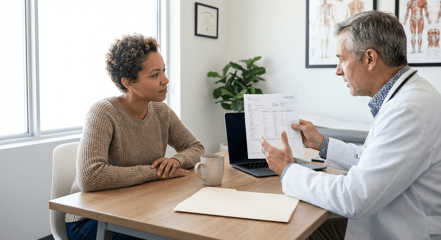 Female Testosterone Therapy at North Metro Blaine Clinic — Lite Medical A physician consults with a female patient about testosterone therapy at Lite Medical's North Metro Blaine clinic, providing physician-led care for hormonal imbalance symptoms.
