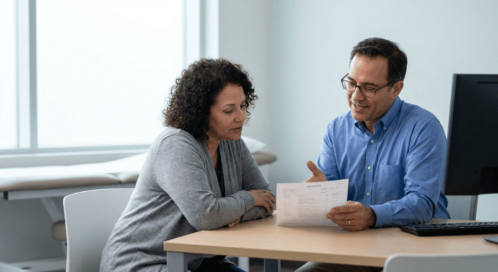 A physician reviews hormone lab results with a middle-aged female patient during a consultation at Lite Medical's Chanhassen clinic, discussing combined testosterone and estrogen therapy options for perimenopausal women.