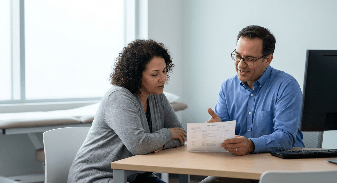 A physician reviews hormone lab results with a middle-aged female patient during a consultation at Lite Medical's Chanhassen clinic, discussing combined testosterone and estrogen therapy options for perimenopausal women.