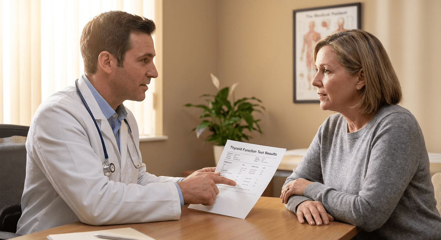 A physician reviews thyroid lab results with a patient at Lite Medical's Rochester clinic, discussing Free T3 testing for symptomatic thyroid evaluation.