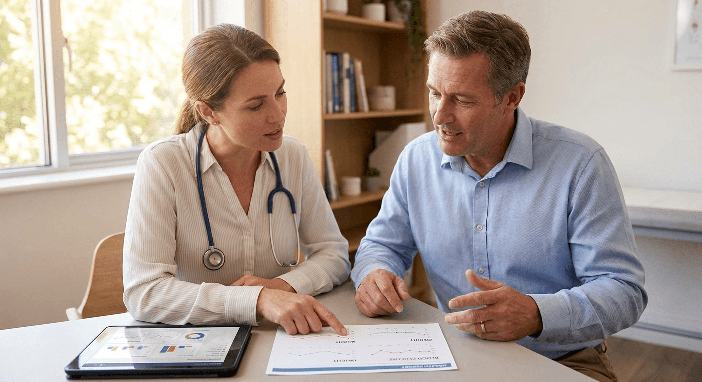 A physician discusses GLP-1 therapy with a patient in a clinical setting at Lite Medical's Woodbury clinic, focusing on metabolic health improvement.