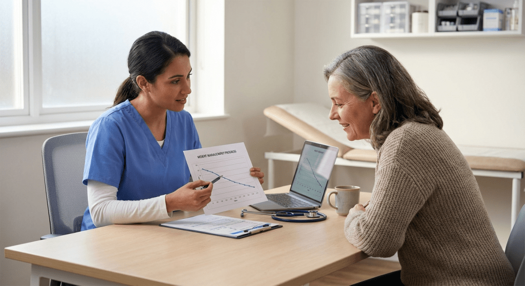 A physician consults with a patient about GLP-1 maintenance and long-term weight management at Lite Medical's Edina clinic.