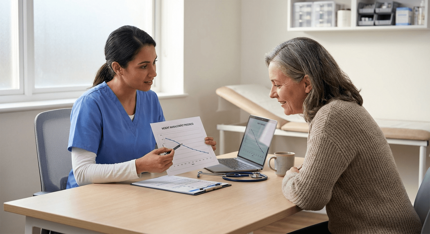 A physician consults with a patient about GLP-1 maintenance and long-term weight management at Lite Medical's Edina clinic.