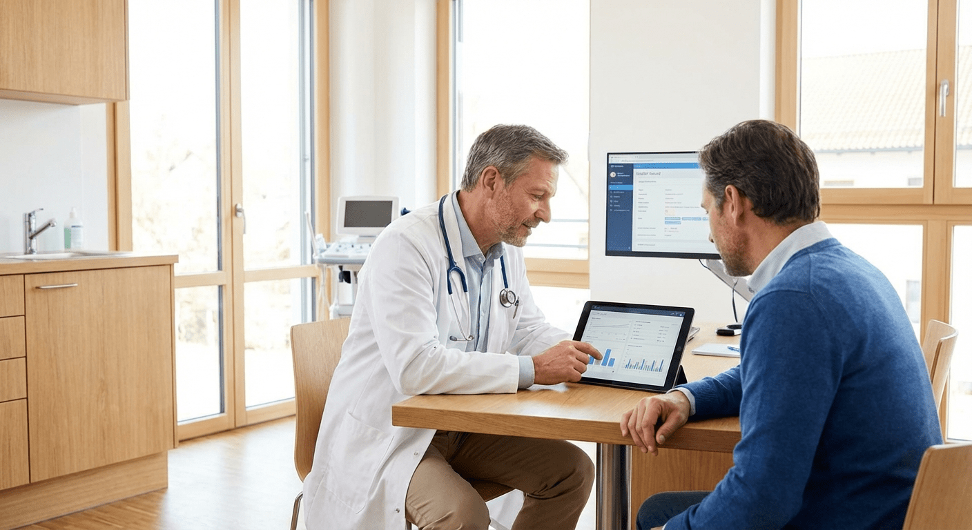 A physician reviews GLP-1 medication contraindications and safety considerations with a patient at Lite Medical's Woodbury clinic, providing physician-led weight management care.