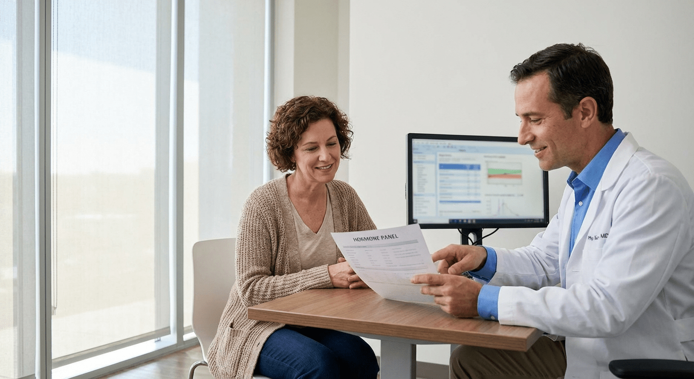 A physician consulting with a female patient about hormone imbalances at Lite Medical's Minneapolis clinic, providing personalized physician-led hormone care.