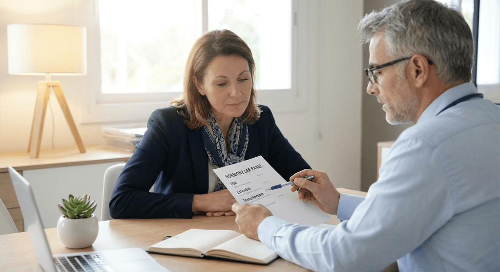 A physician at Lite Medical's Edina clinic discussing hormone optimization with a patient, focusing on comprehensive care and personalized treatment plans.