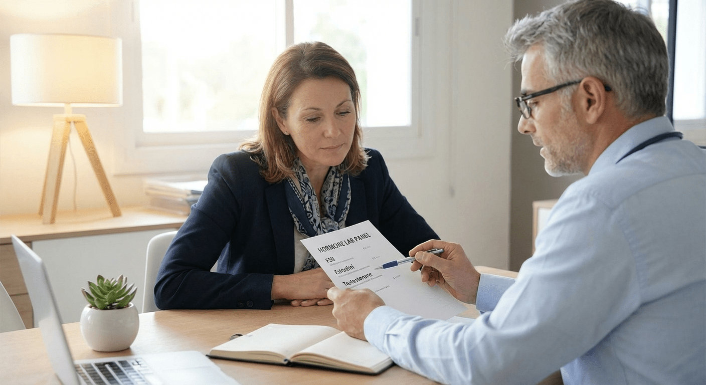 A physician at Lite Medical's Edina clinic discussing hormone optimization with a patient, focusing on comprehensive care and personalized treatment plans.