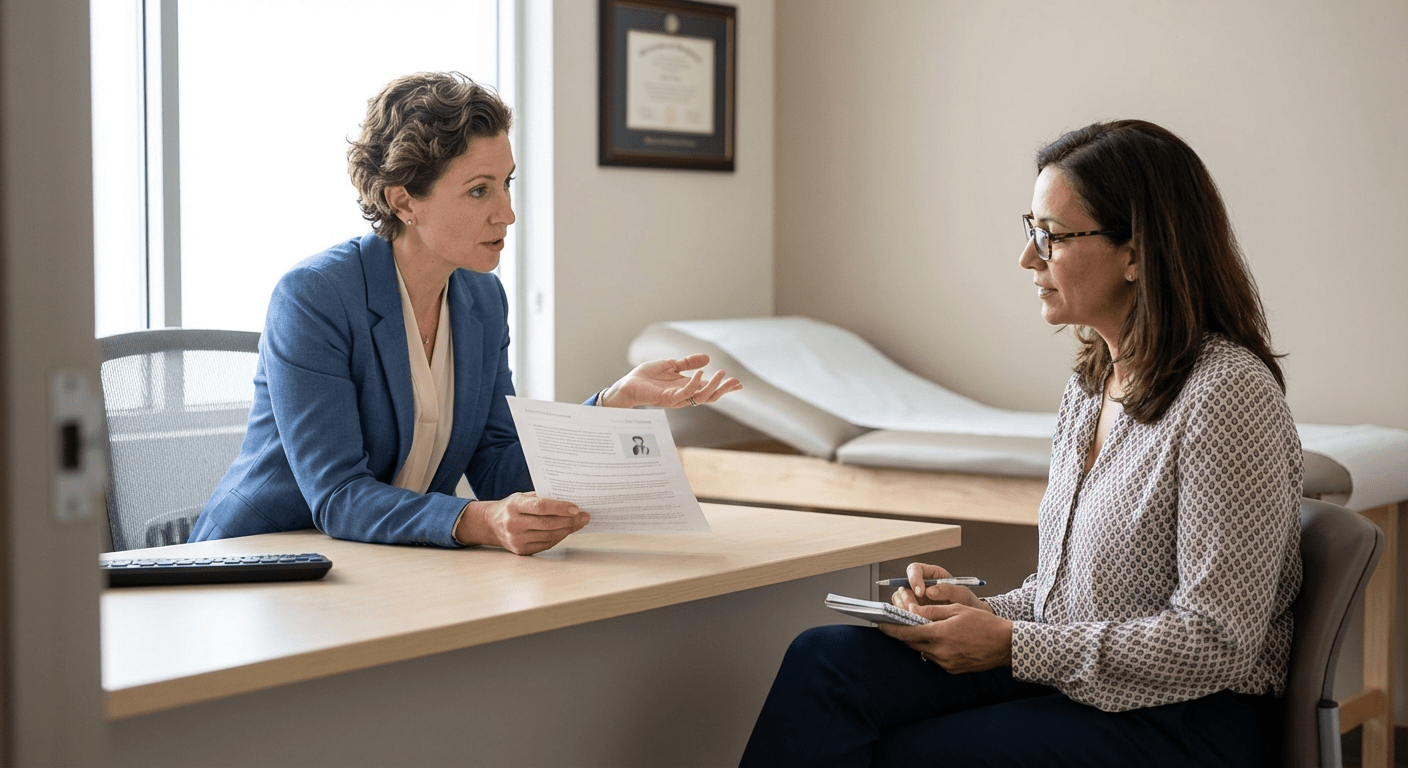 A physician discusses hormone replacement therapy candidacy with a patient at Lite Medical's Edina clinic, providing physician-led care for women experiencing menopausal symptoms.