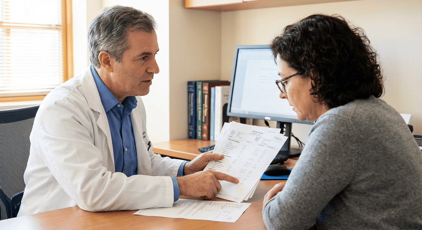 A physician reviews thyroid lab results and discusses cholesterol and weight gain with a patient at Lite Medical's St. Paul clinic.