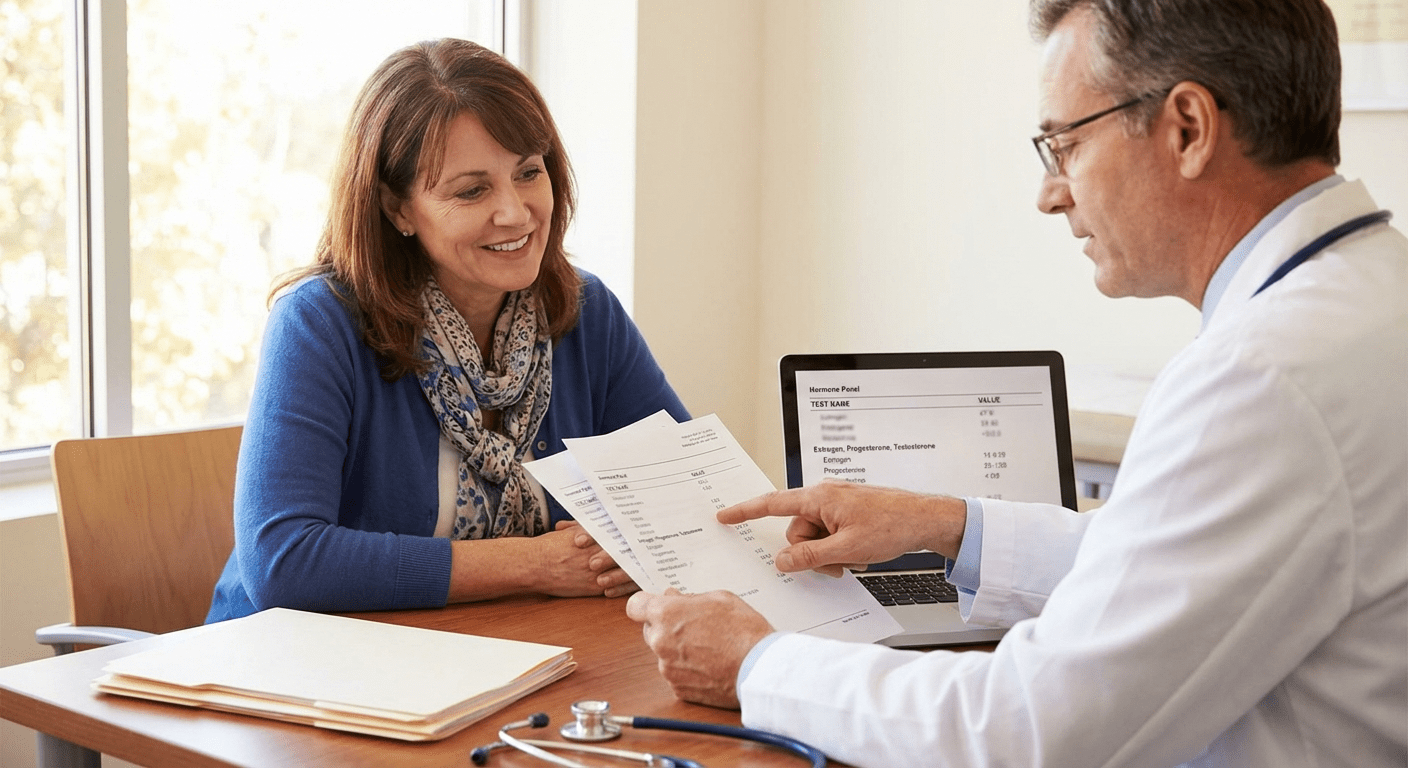 A physician discusses hormone replacement therapy lab results with a patient at Lite Medical's Bloomington clinic, ensuring personalized care for hormone therapy needs.