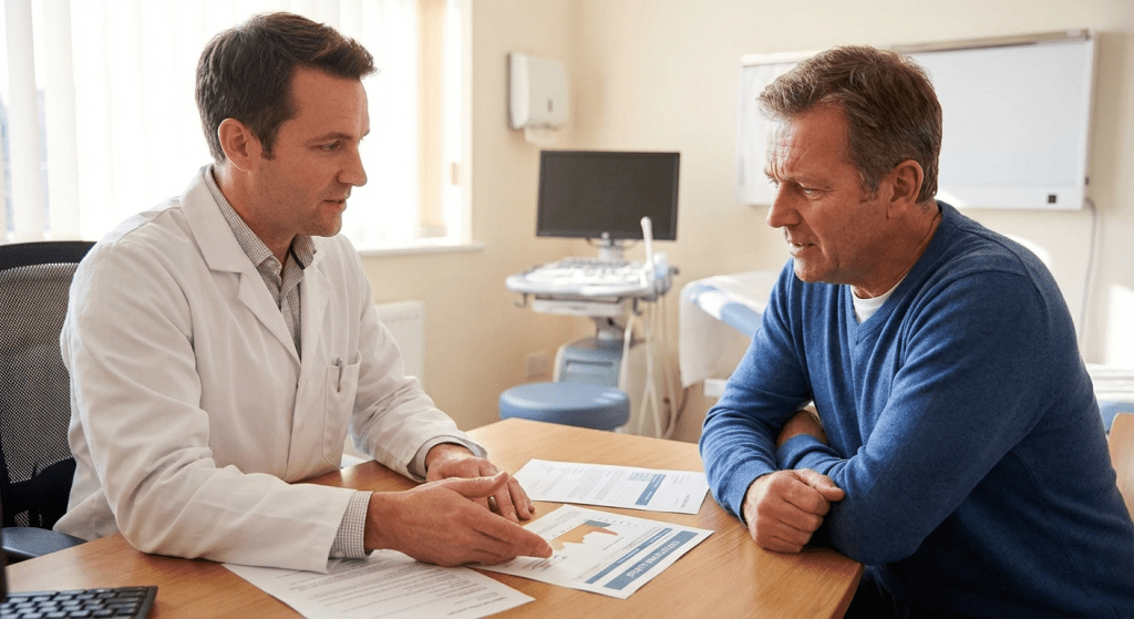 A physician consults with a male patient about untreated low testosterone health risks at Lite Medical's Blaine clinic, providing physician-led men's health care.