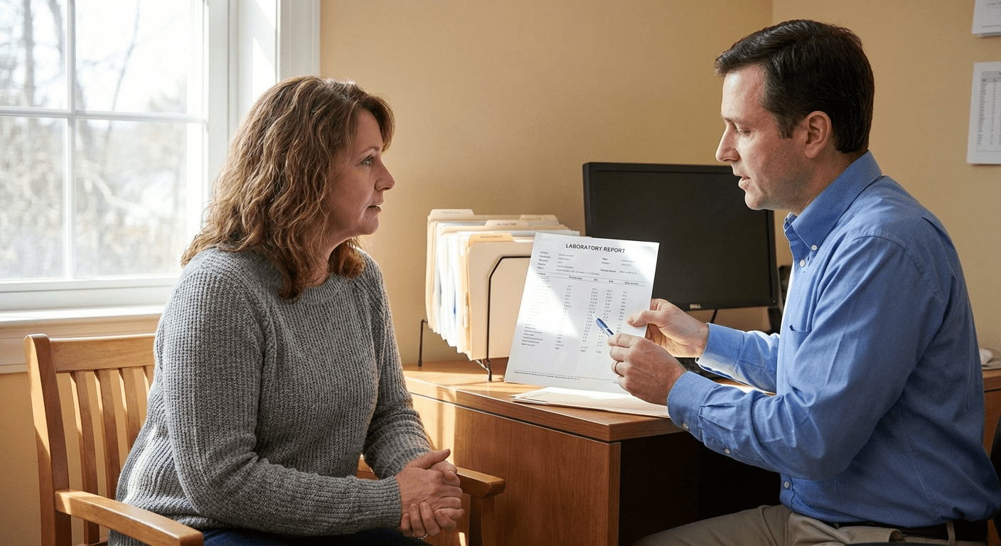A physician consults with a patient about low testosterone levels at Lite Medical's Bloomington clinic, providing physician-led care to address hormonal imbalances.