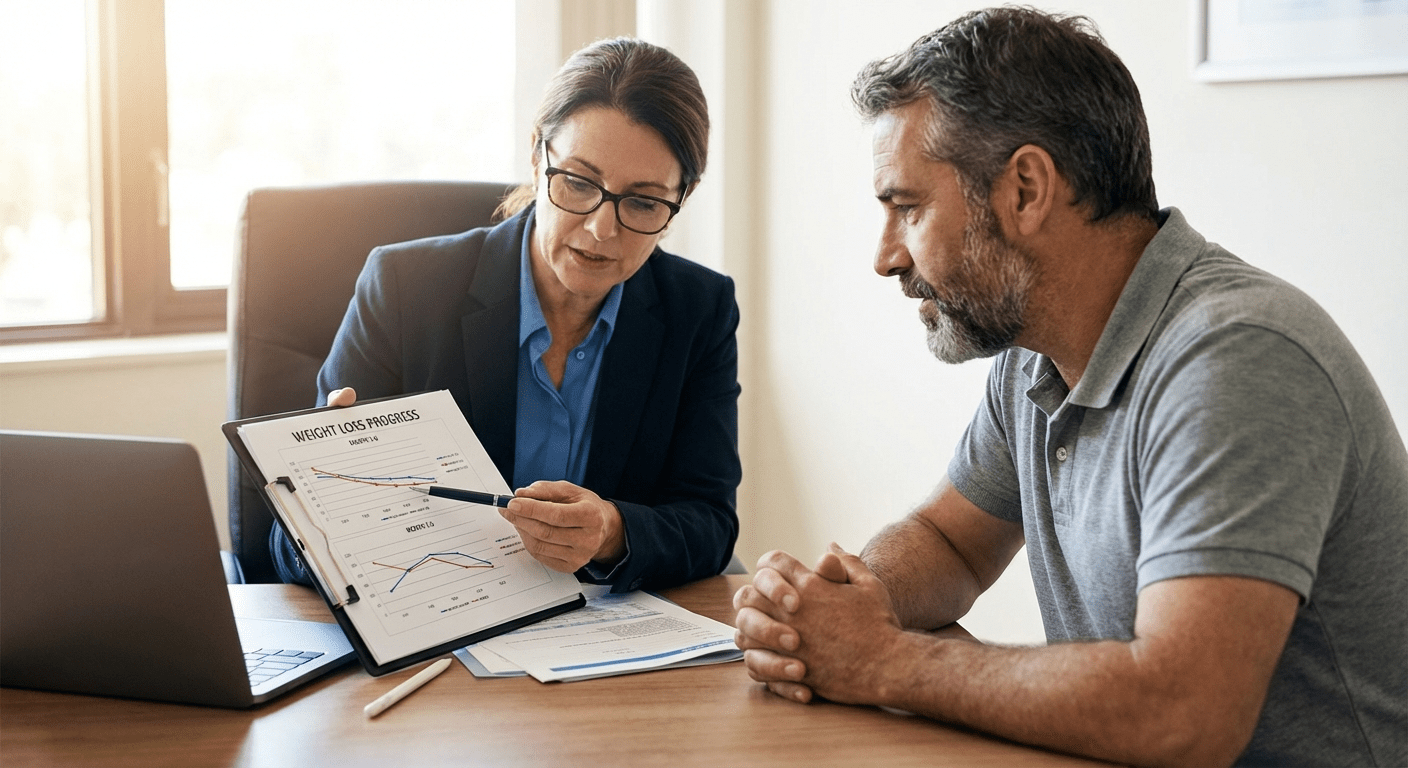 A physician consulting a patient about medical weight loss options at Lite Medical's Bloomington clinic, showing the benefits of physician-supervised weight management.