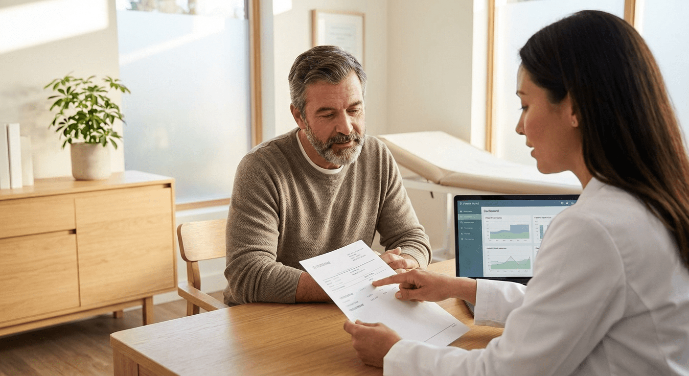 A physician consults with a patient about online TRT versus in-person testosterone replacement therapy at Lite Medical's Edina clinic, providing physician-led care for low testosterone.