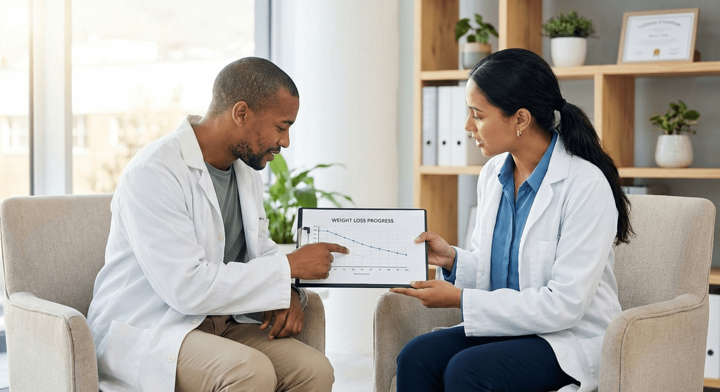 A physician consults with a patient about physician-led weight loss at Lite Medical's Rochester clinic, providing personalized, evidence-based weight management care.