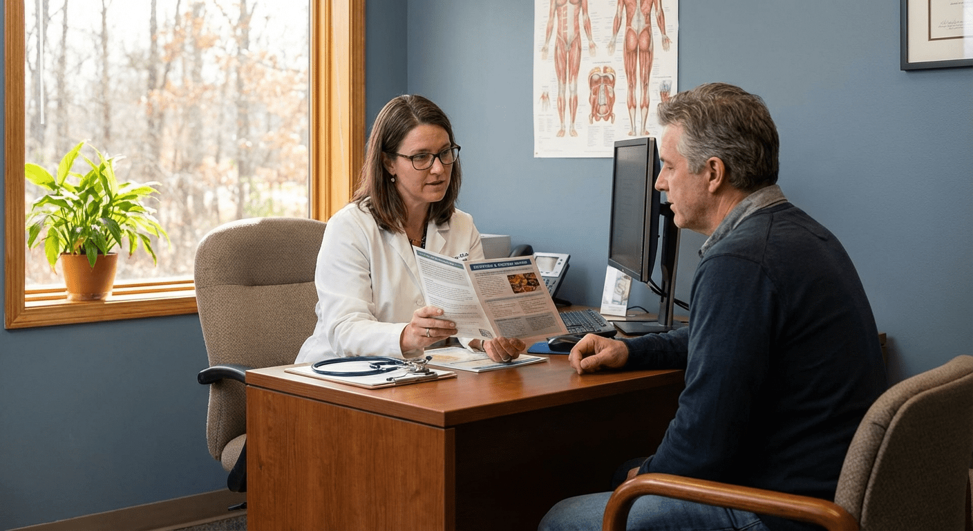 A physician consults with a patient about protein intake and muscle loss prevention during GLP-1 therapy at Lite Medical's Maple Grove clinic.