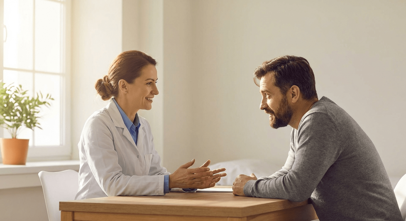 Physician explaining compounded semaglutide treatment timeline to a male patient at Lite Medical's Blaine clinic, supervised by Dr. Kyle Kingsley.