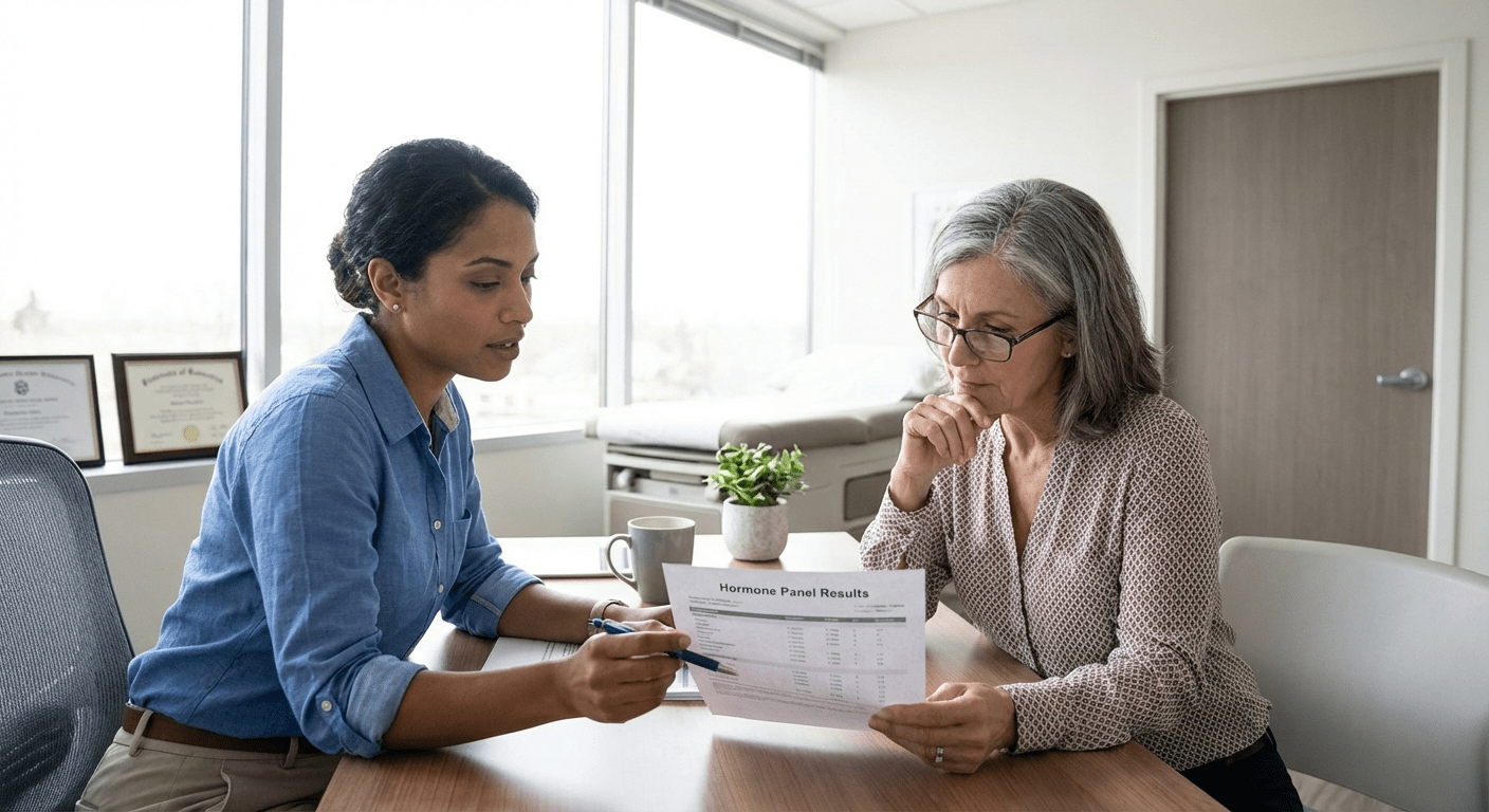 A physician discusses hormone replacement therapy options with a senior patient at Lite Medical's Rochester clinic, focusing on starting hormones after age 60 with personalized care.