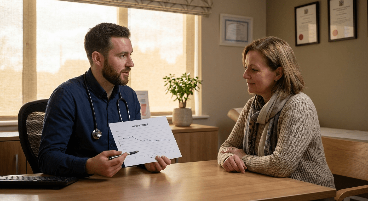 Physician consulting with a female patient about stopping GLP-1 therapy and weight maintenance at Lite Medical's Rochester clinic, supervised by Dr. Kyle Kingsley.
