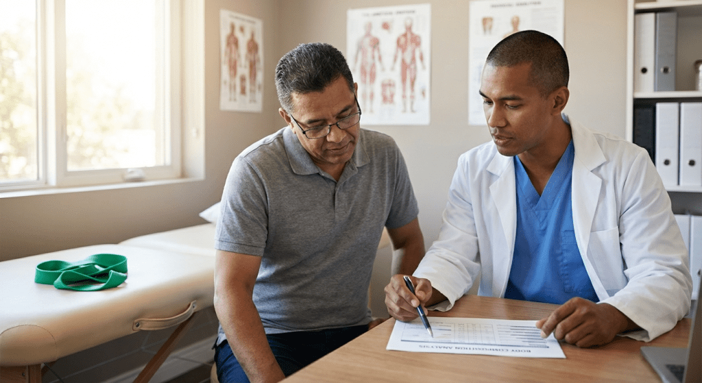 A physician at Lite Medical's St. Paul clinic discusses strength training and GLP-1 therapy with a patient, emphasizing muscle preservation during weight loss.