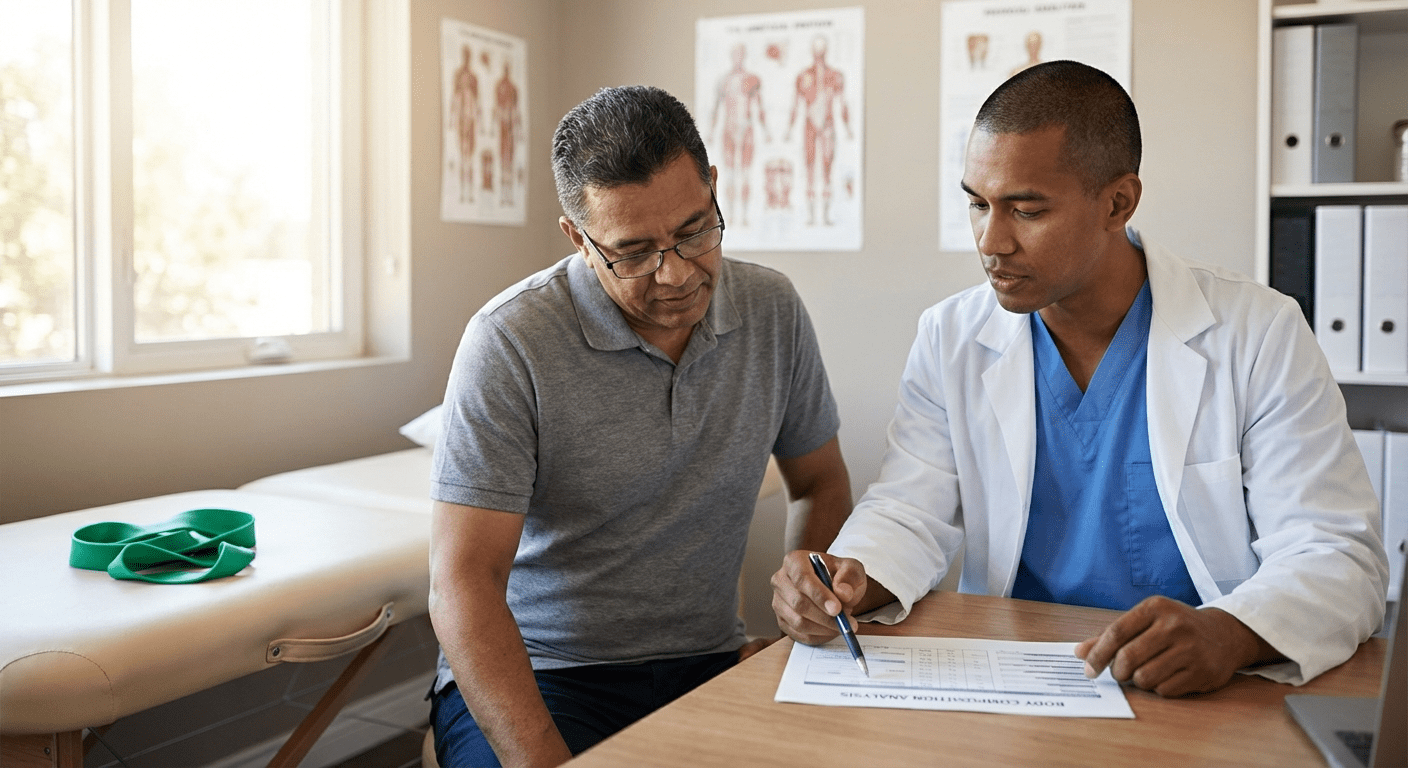 A physician at Lite Medical's St. Paul clinic discusses strength training and GLP-1 therapy with a patient, emphasizing muscle preservation during weight loss.