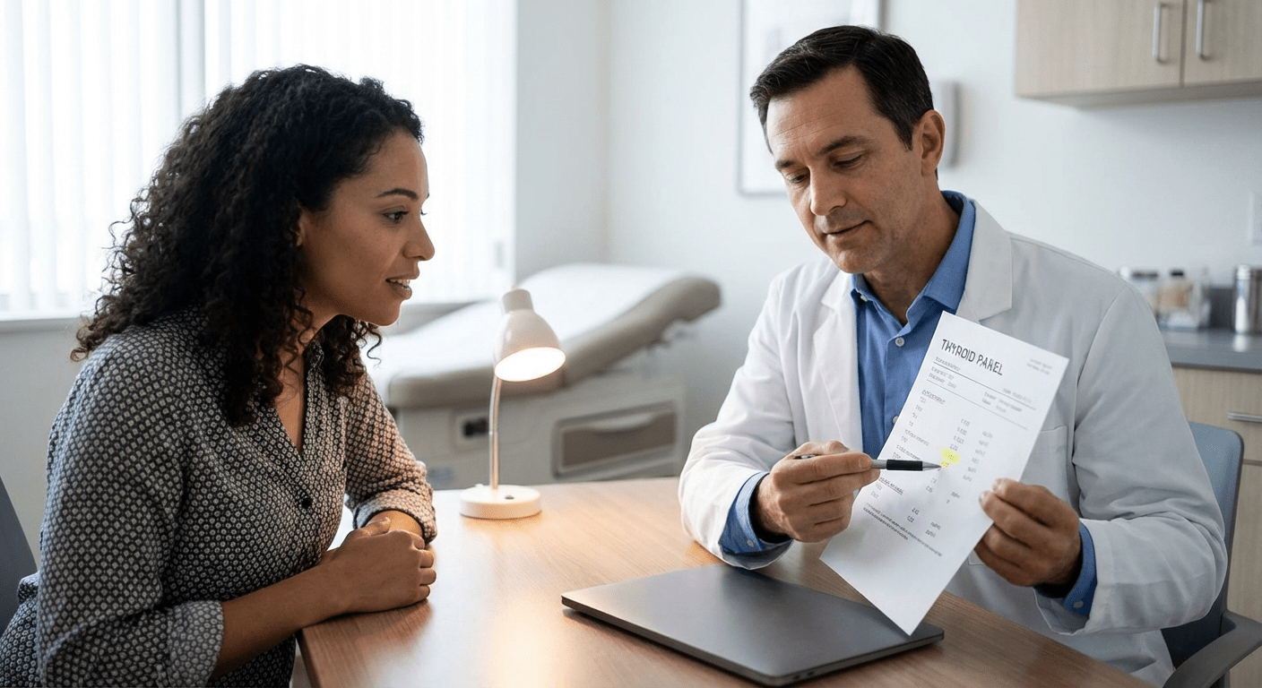 A physician reviews thyroid lab results with a patient during a subclinical hypothyroidism consultation at Lite Medical's Maple Grove clinic, providing personalized physician-led thyroid care.