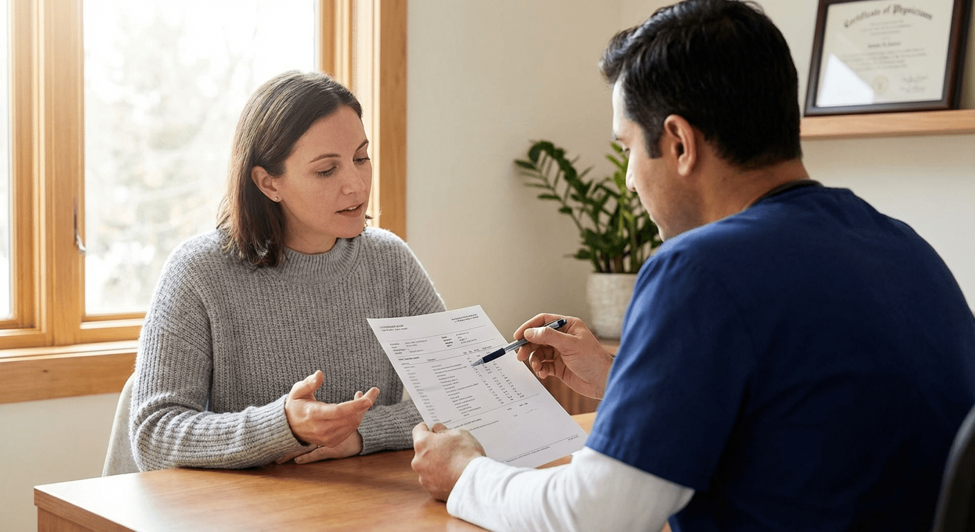 A physician consults with a patient about testosterone therapy at Lite Medical's Eden Prairie clinic, providing physician-led care for women's hormone management.