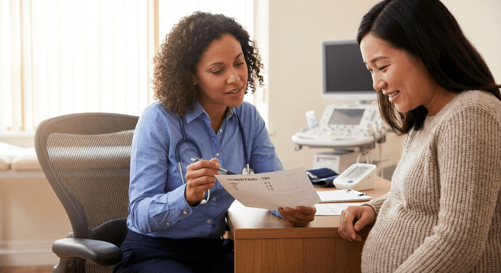 A physician consults with a pregnant patient about thyroid antibodies and pregnancy risks at Lite Medical's Richfield clinic, providing physician-led thyroid care.