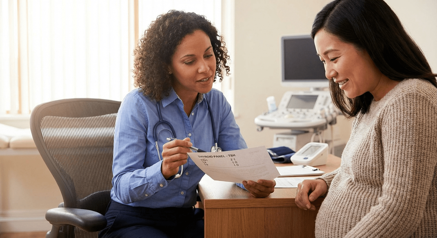 A physician consults with a pregnant patient about thyroid antibodies and pregnancy risks at Lite Medical's Richfield clinic, providing physician-led thyroid care.