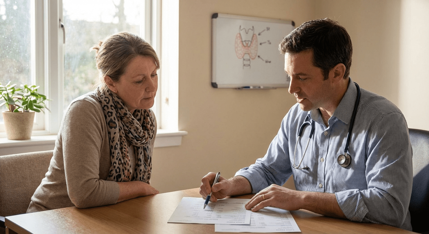 A physician consults with a patient about thyroid treatment options at Lite Medical Bloomington clinic, providing guidance on T4 and combination therapies for hypothyroidism management.