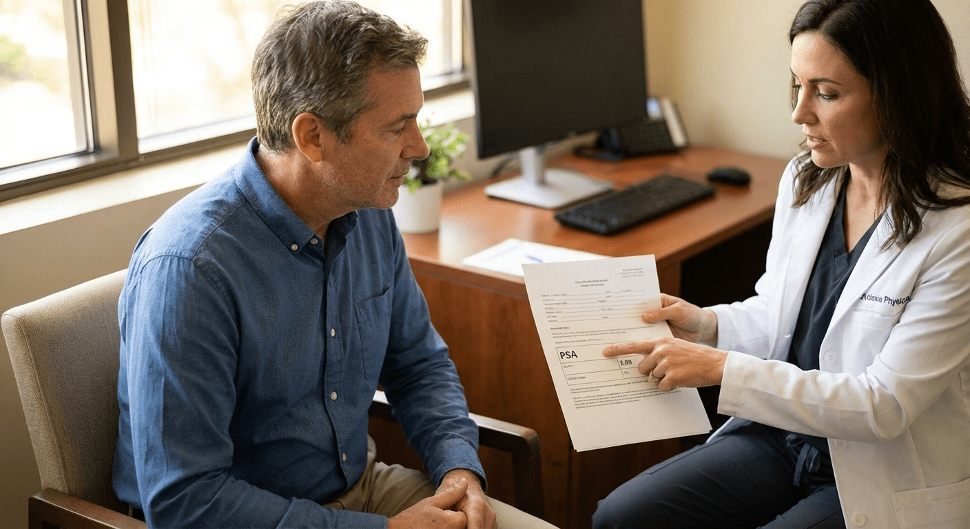 A physician discusses TRT and prostate cancer risk with a male patient at Lite Medical's Bloomington clinic, providing physician-led men's health care.