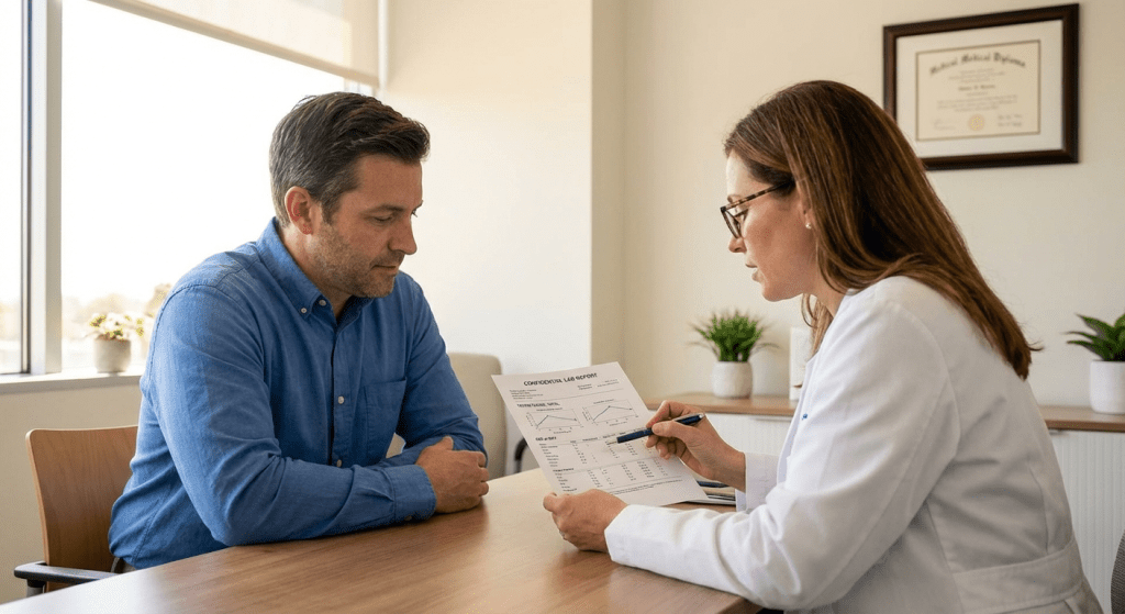 A physician reviews testosterone lab results with a male patient during a TRT candidacy evaluation at Lite Medical's Edina clinic, providing physician-led care for men with symptoms of low testosterone.