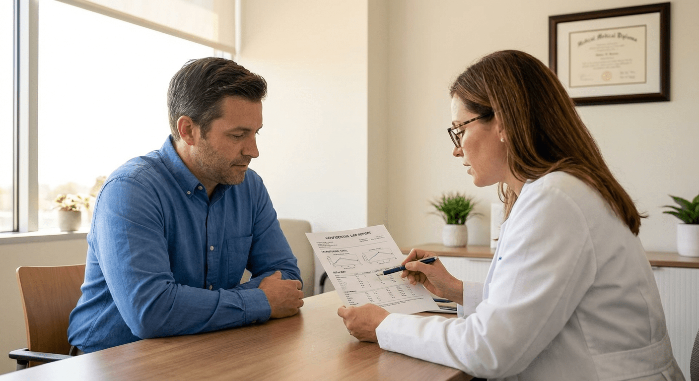 TRT Candidacy Consultation at Edina Clinic — Lite Medical A physician reviews testosterone lab results with a male patient during a TRT candidacy evaluation at Lite Medical's Edina clinic, providing physician-led care for men with symptoms of low testosterone.