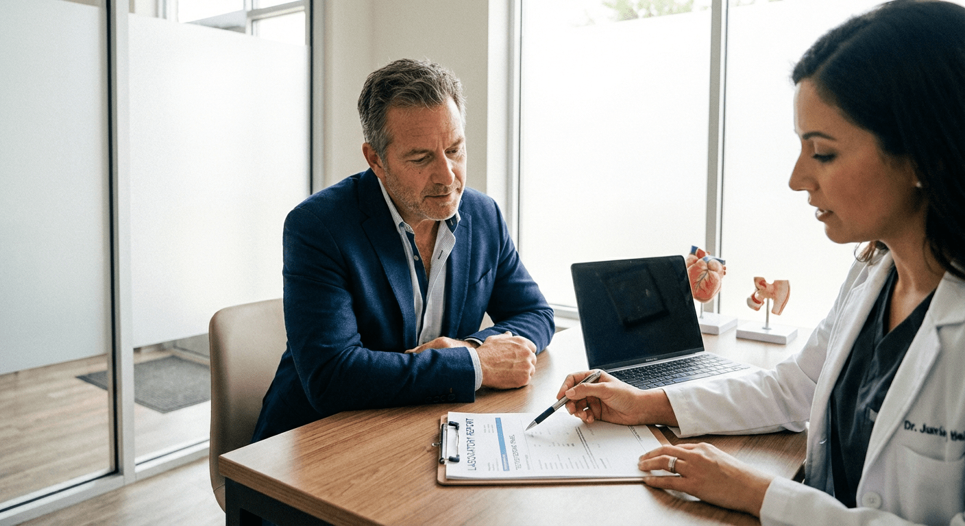 TRT Optimization Consultation at Edina Clinic — Lite Medical A physician consults with a male patient about TRT optimization at Lite Medical's Edina clinic, providing physician-led testosterone replacement therapy for executive performance.