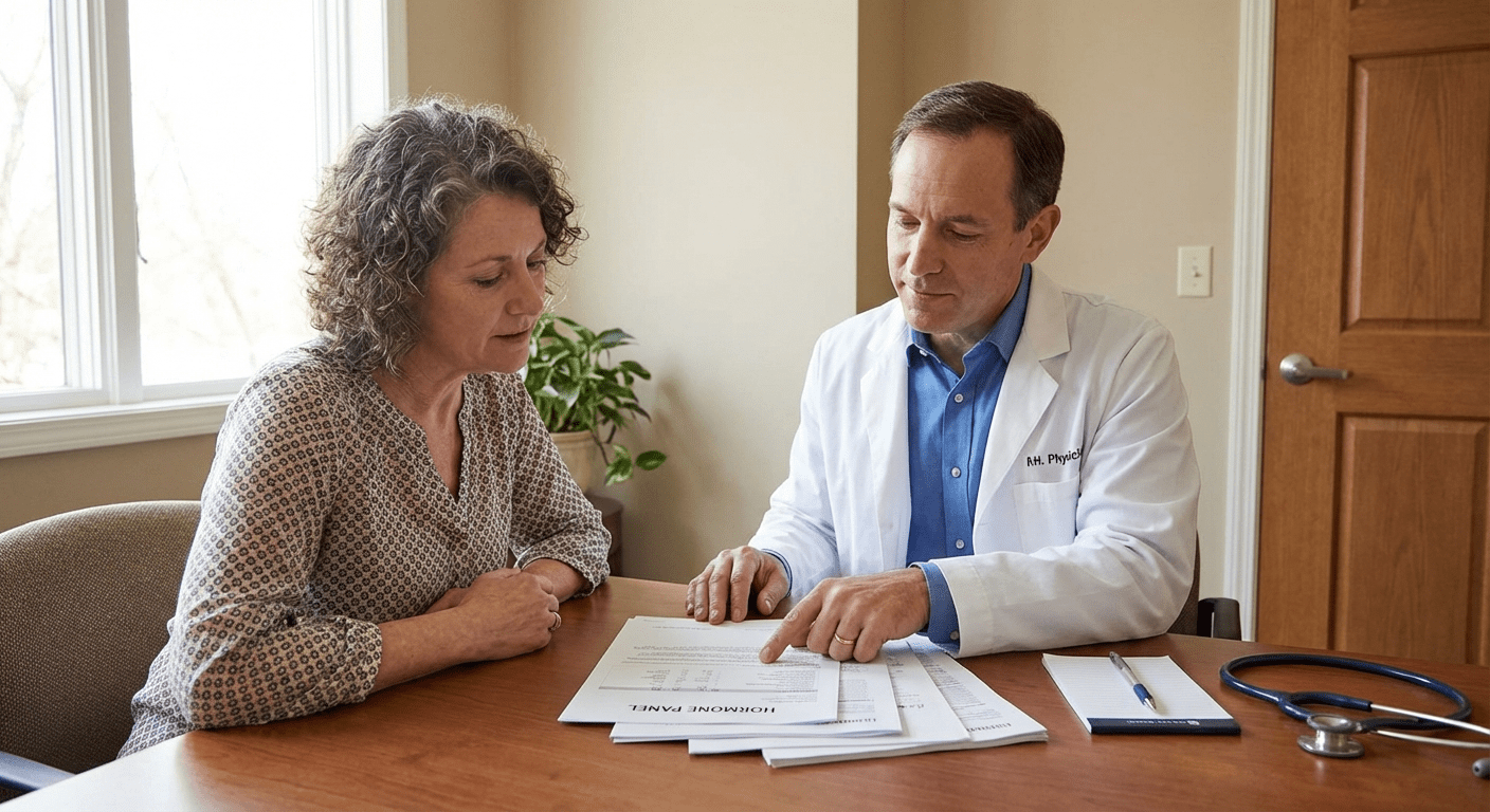 A physician consults with a patient about untreated menopause symptoms at Lite Medical's St. Paul clinic, providing physician-led care for long-term hormone health.