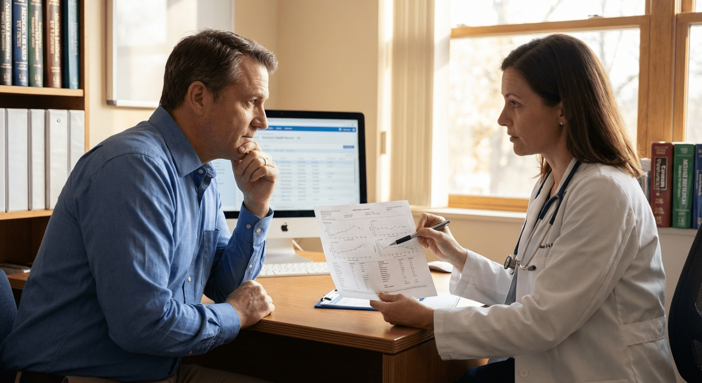 A physician consults with a patient about weight loss clinic options and physician-led medical care at Lite Medical's Blaine clinic, providing evidence-based weight management.