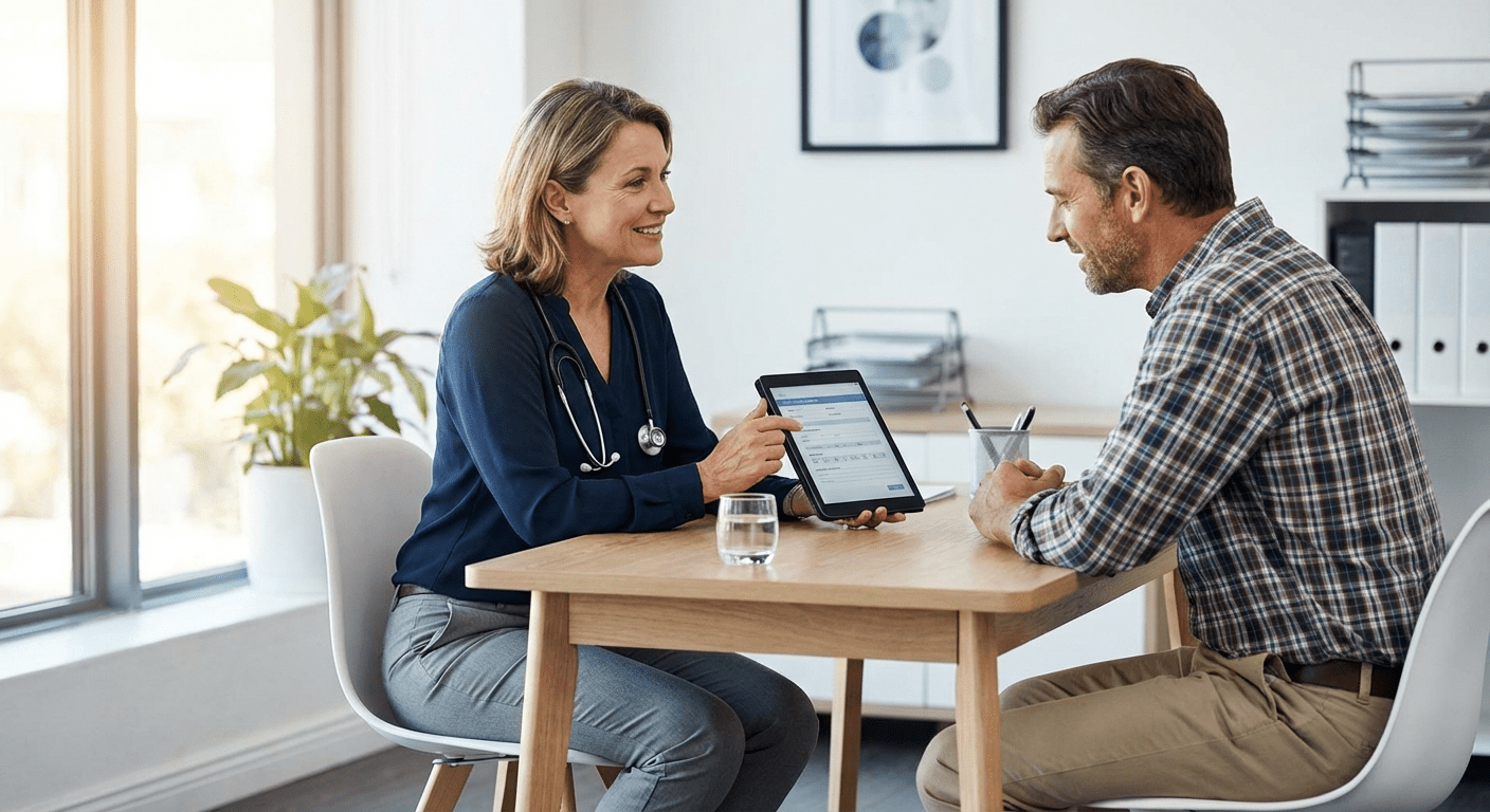 A physician discusses weight loss therapy options with a patient at Lite Medical's Richfield clinic, providing personalized physician-led care.