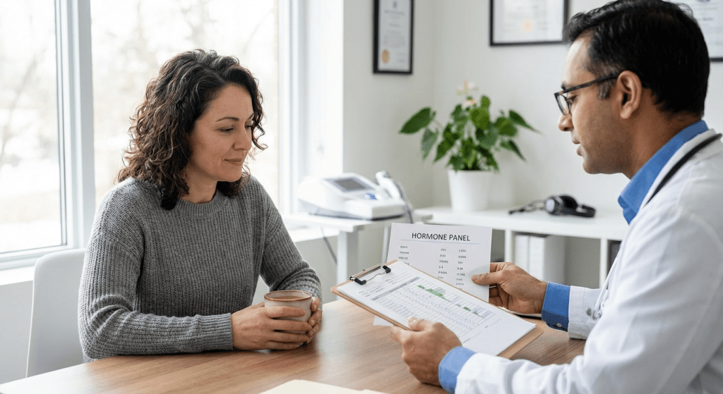 A physician consults with a female patient about female testosterone therapy at Lite Medical's Edina clinic, providing physician-led care for managing low libido.