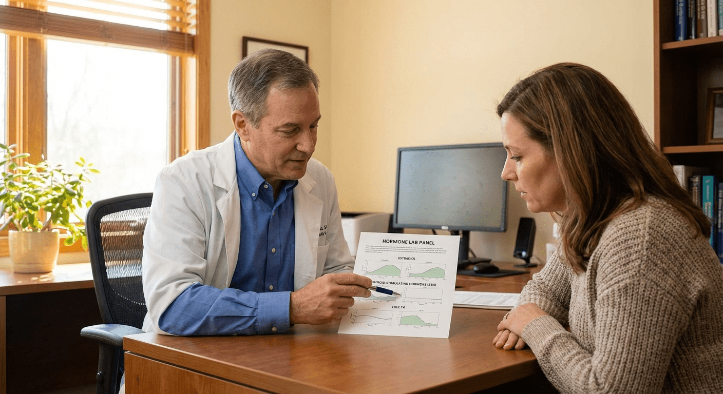 A physician consults with a female patient about hormonal imbalance symptoms at Lite Medical's Woodbury clinic, providing physician-led evaluation for women's hormone health.