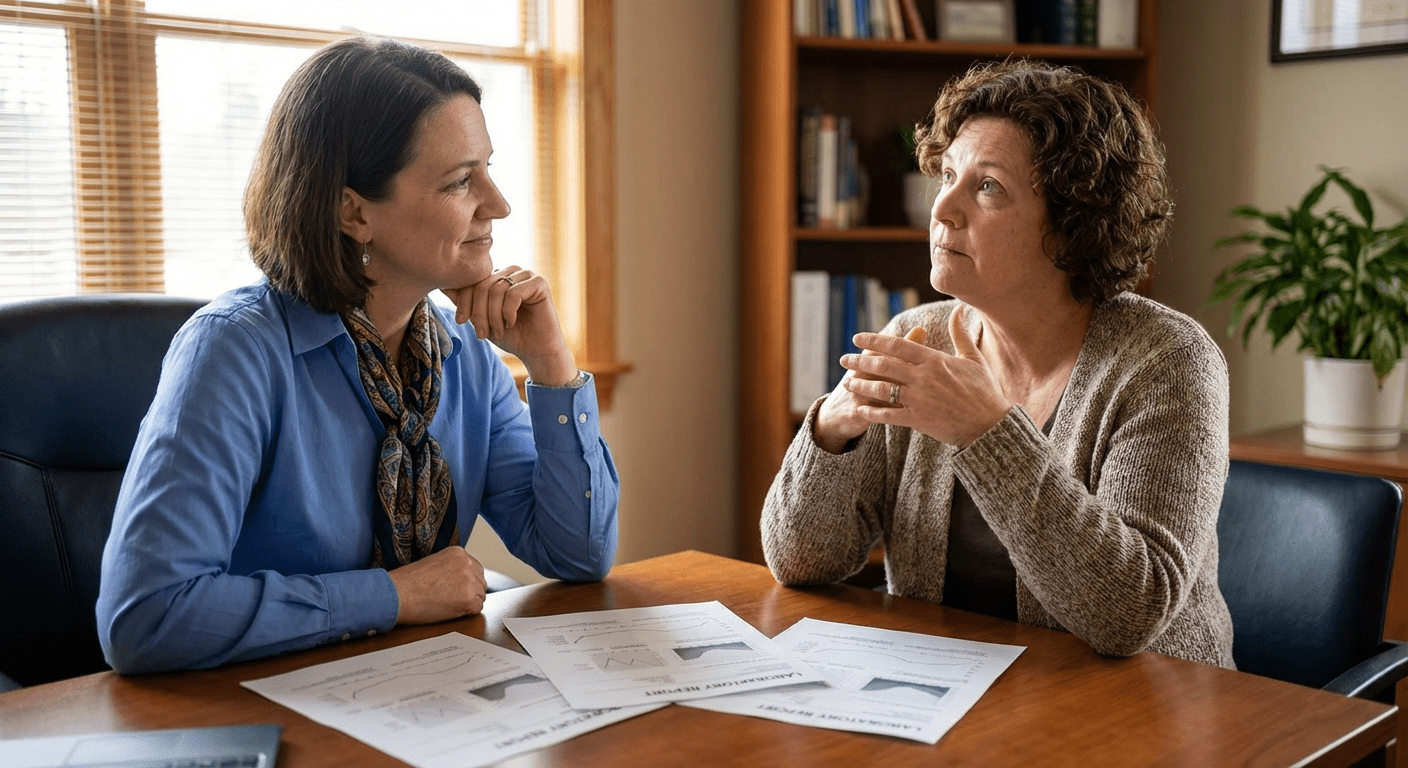 A physician consults with a female patient about hormone imbalance and mood and anxiety symptoms at Lite Medical's Richfield clinic, providing physician-led hormone evaluation and care.