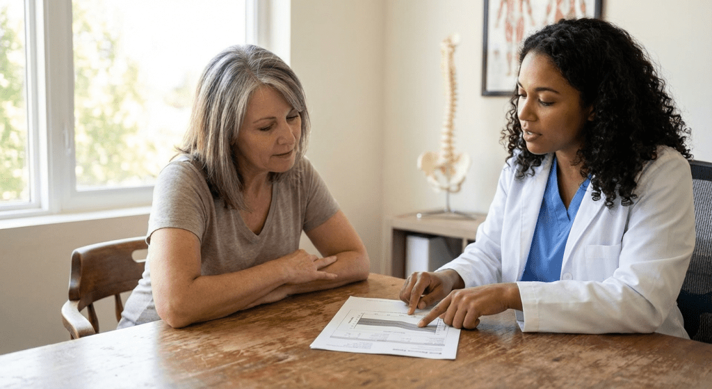 A physician-led consultation at Lite Medical's Plymouth clinic, discussing hormone replacement therapy with a female patient over 50 to support bone health.