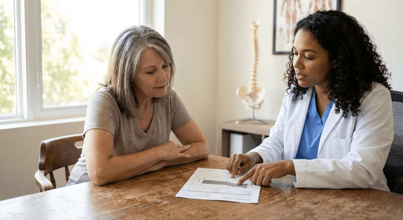 A physician-led consultation at Lite Medical's Plymouth clinic, discussing hormone replacement therapy with a female patient over 50 to support bone health.